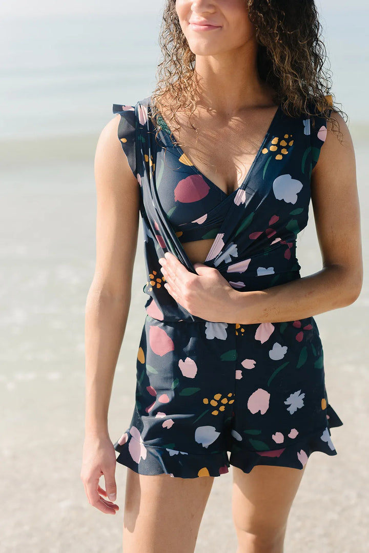 Damen Sommer Ärmelloser Badeanzug-Strampler mit V-Ausschnitt and Rüschendetail