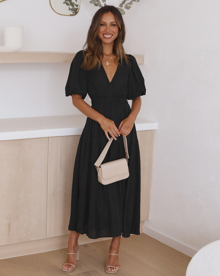 Damen-Midikleid mit Stufenrock und Puffärmeln