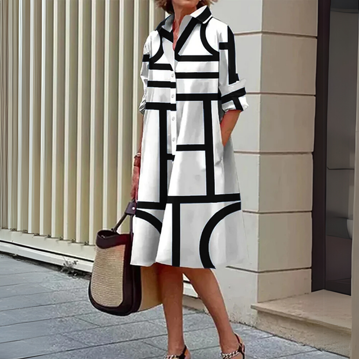 Damen Midi-Längen Hemdblusenkleid mit geometrischem Print
