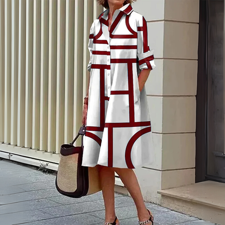 Damen Midi-Längen Hemdblusenkleid mit geometrischem Print