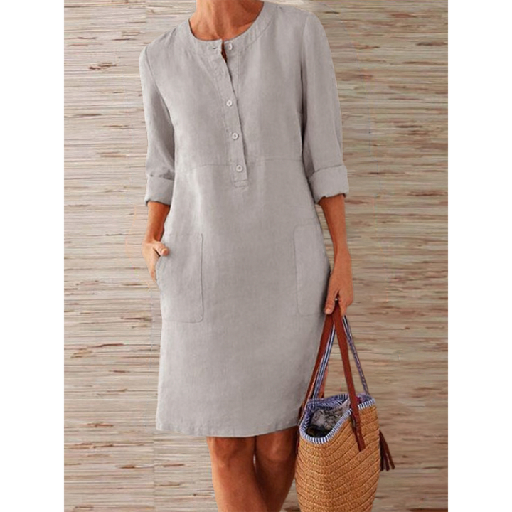 Damen Sommer Umgeschlagenen Ärmeln Midikleid mit Knöpfen und Taschen