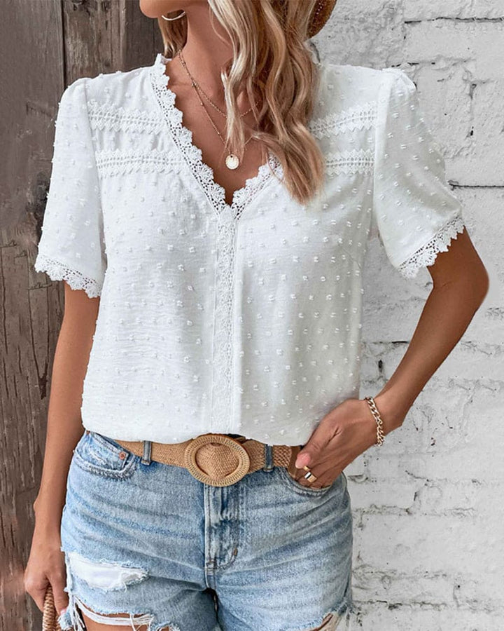 Damen Sommer Spitzenbluse mit Besticktem Stil and V-Ausschnitt