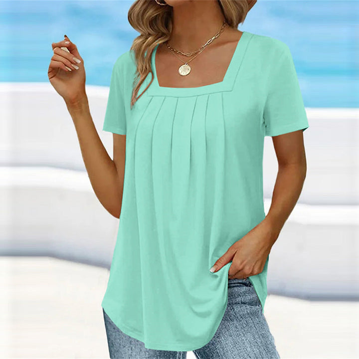 Damen-Bluse mit Falten, eckigem Ausschnitt und kurzen Ärmeln