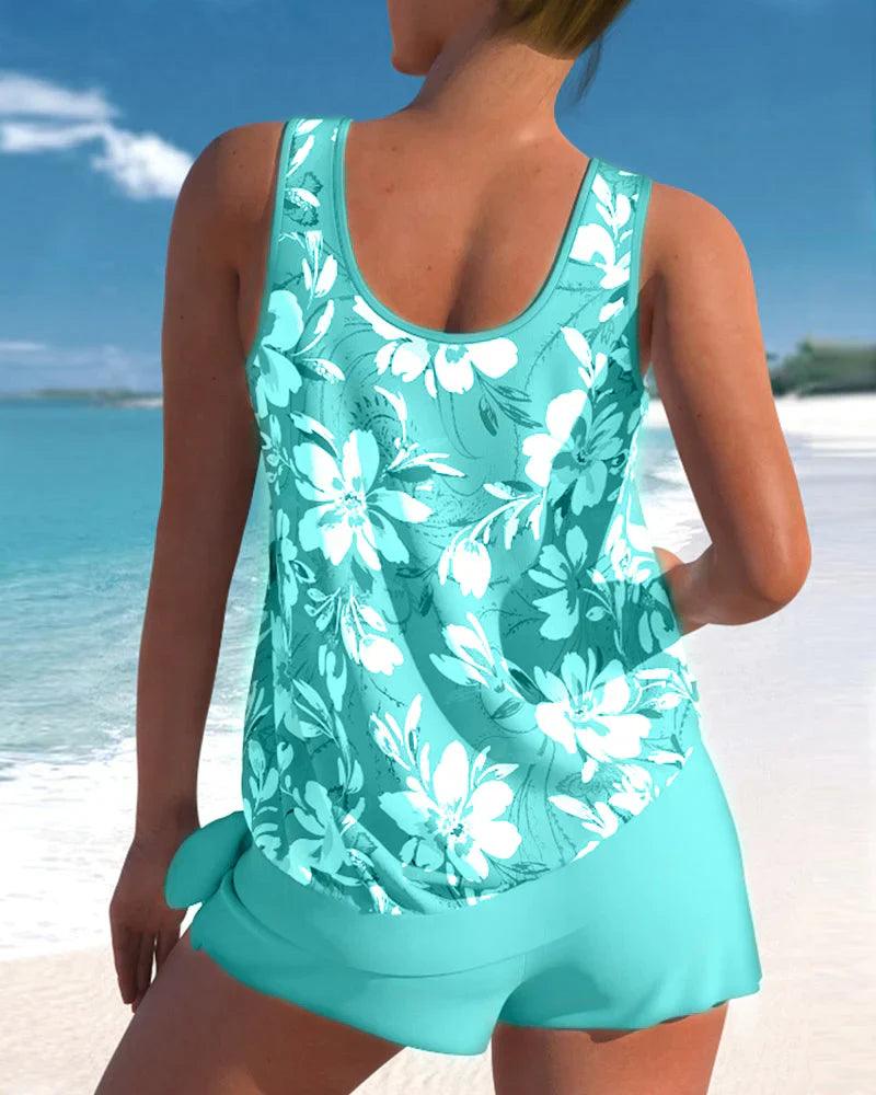 Damen Sommer Tankini-Set mit Blumenoberteil and Shorts