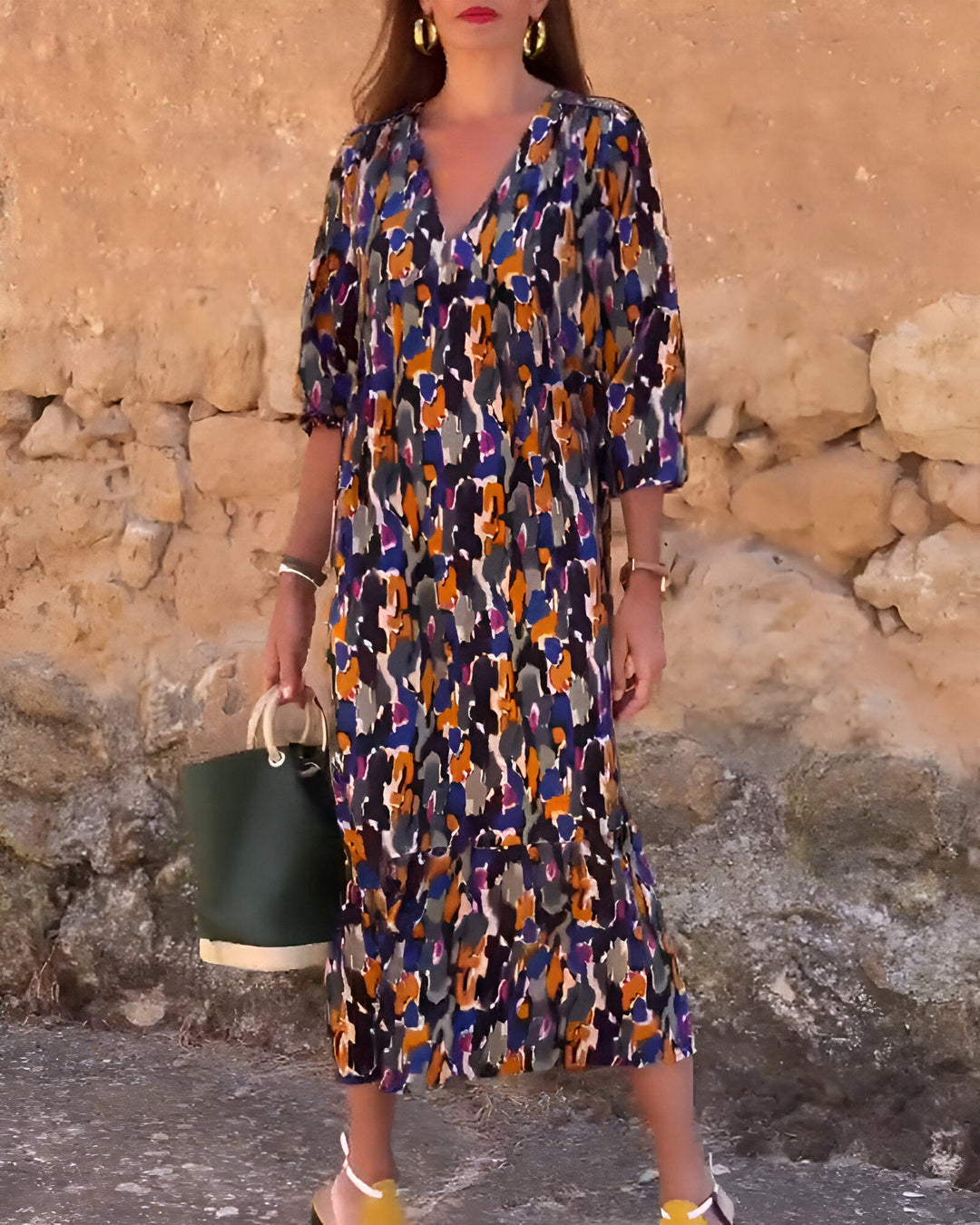 Damen-Midikleid mit abstraktem Muster und V-Ausschnitt