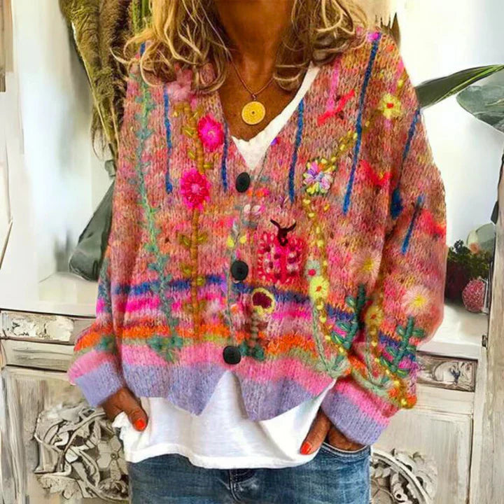 Damen Strickjacke Mit Blumenmuster Und V-Ausschnitt | Mit Knopfleiste