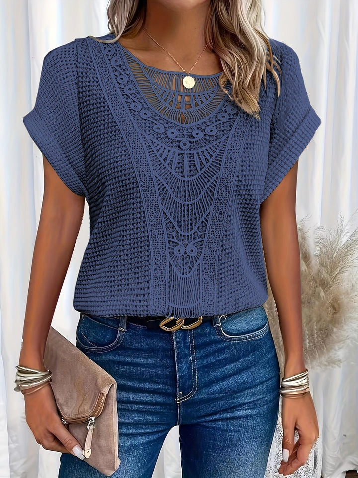 Waffelstrick-Bluse mit Spitzenbesatz für Damen