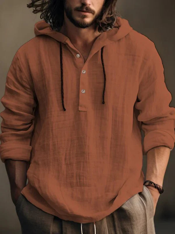 Herren Langarm-Linnen-Sweatshirt mit Kapuze und Knopfleiste