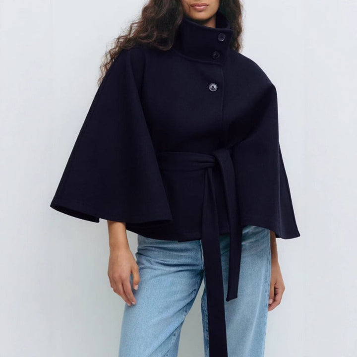 Damen Cape-Mantel Mit Gürtel Und Hohem Kragen | Stylischer Ärmel