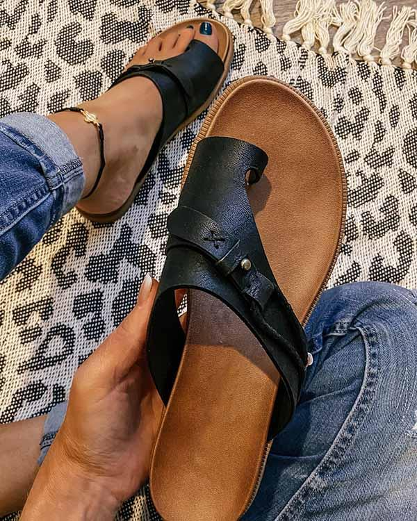 Damen Sommer-Flachsandalen mit Zehenring und Schnur Schnalle Stil