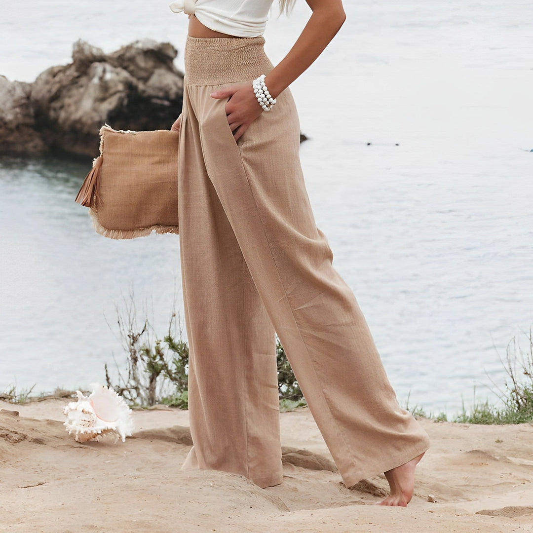 Damen Sommer Hoch Tailliert Hose mit Elastischem Bund and Taschen