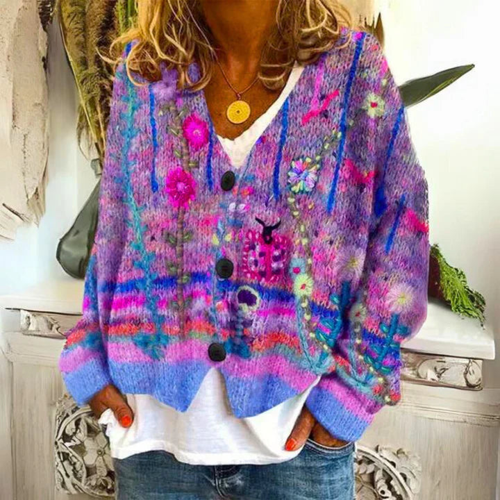 Damen Strickjacke Mit Blumenmuster Und V-Ausschnitt | Mit Knopfleiste