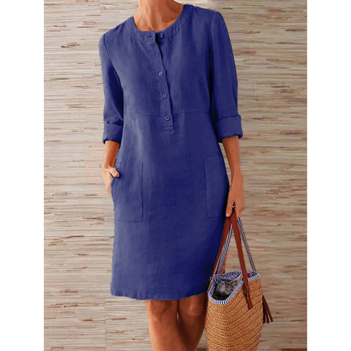 Damen Sommer Umgeschlagenen Ärmeln Midikleid mit Knöpfen und Taschen