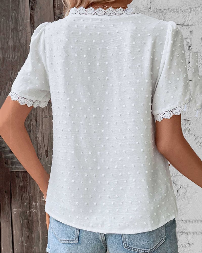 Damen Sommer Spitzenbluse mit Besticktem Stil and V-Ausschnitt