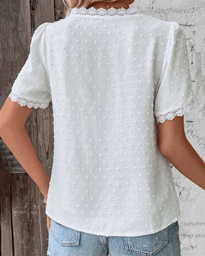 Damen Sommer Spitzenbluse mit Besticktem Stil and V-Ausschnitt