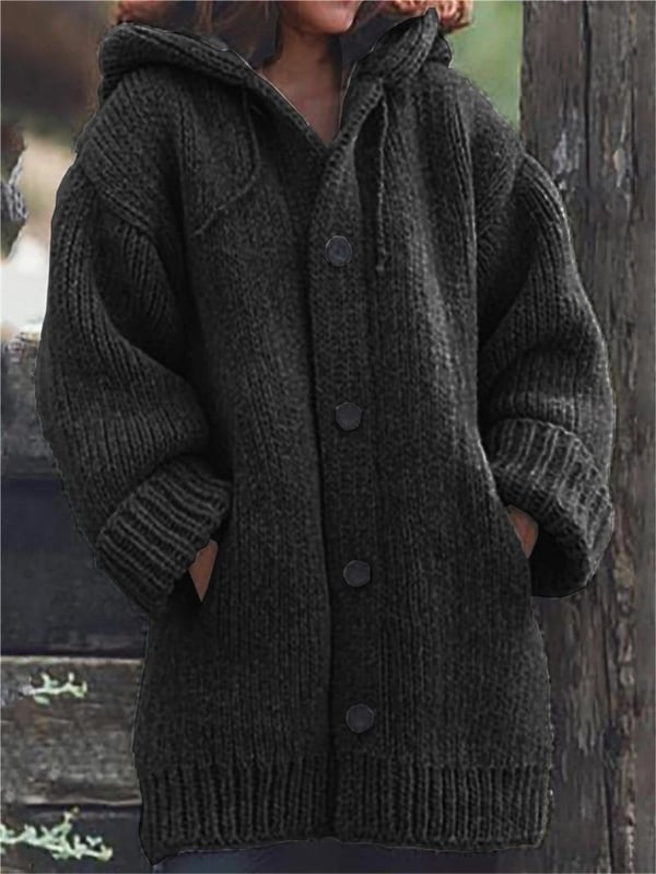 Langer Damen Cardigan Mit Kapuze | Mit Knöpfen