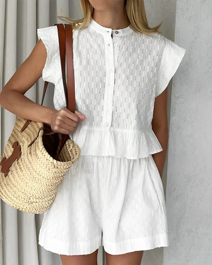 Frauen Kleidung Set mit Rüschenbluse und Shorts