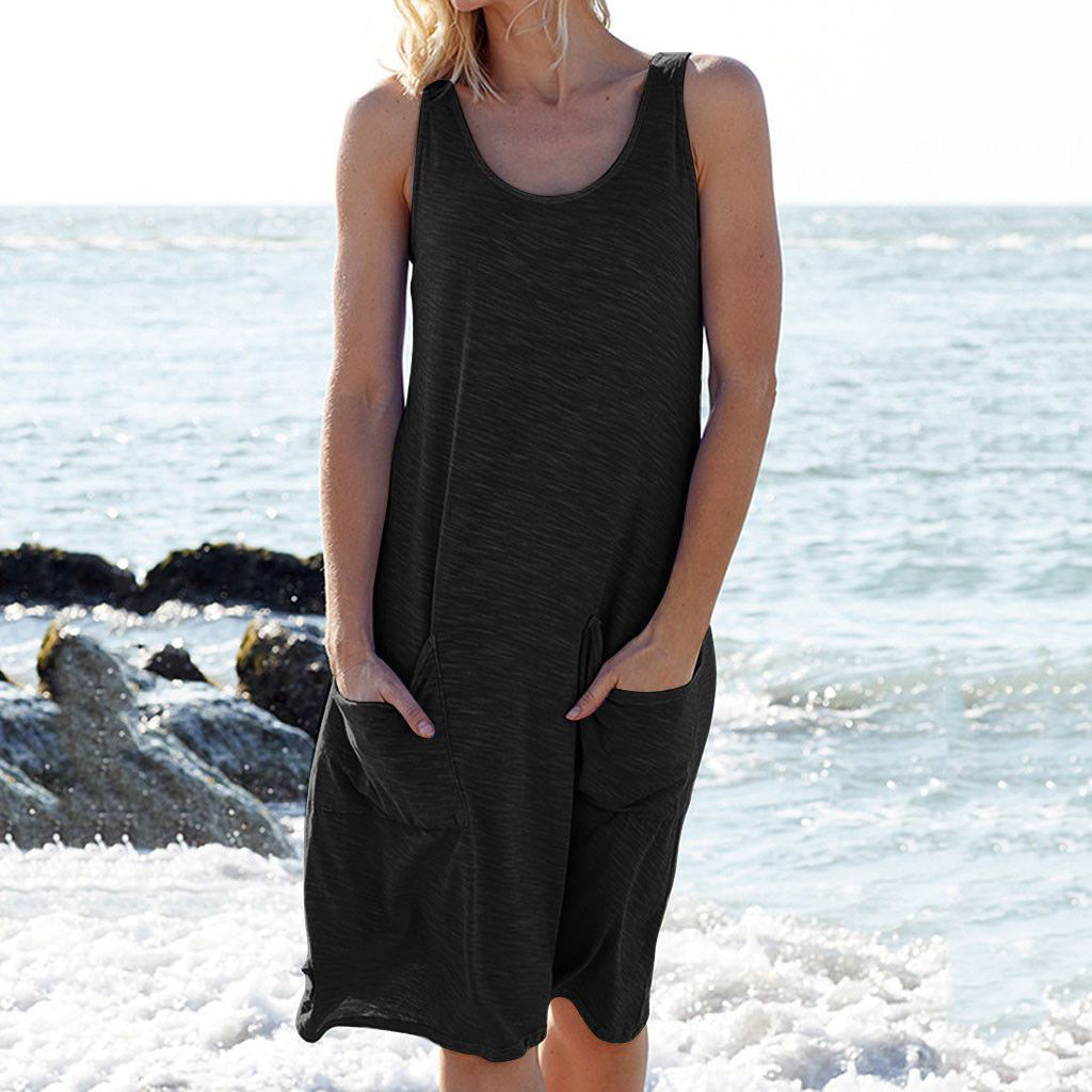 Damen Sommer Ohne Ärmel Midikleid mit Taschen