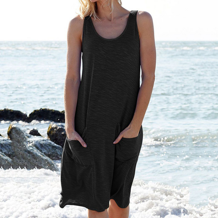 Damen Sommer Ohne Ärmel Midikleid mit Taschen