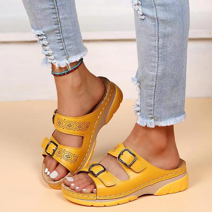 Damen Sommer Zweifarbige Slidesandalen mit Schnallen and Ausschnittdetails