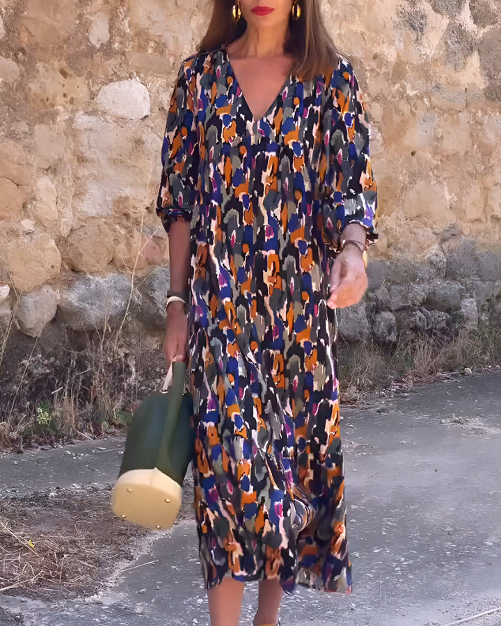 Damen-Midikleid mit abstraktem Muster und V-Ausschnitt