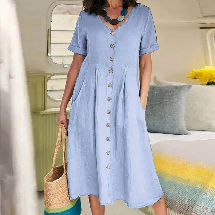 Damen Knopf-Front Midikleid