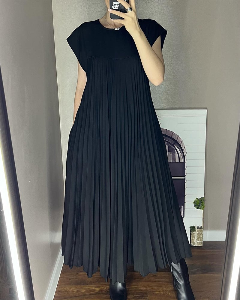 Damen-Midikleid mit Falten, Rundhalsausschnitt und kurzen Ärmeln