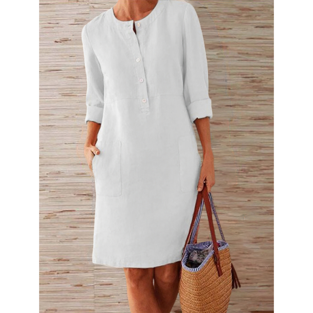 Damen Sommer Umgeschlagenen Ärmeln Midikleid mit Knöpfen und Taschen