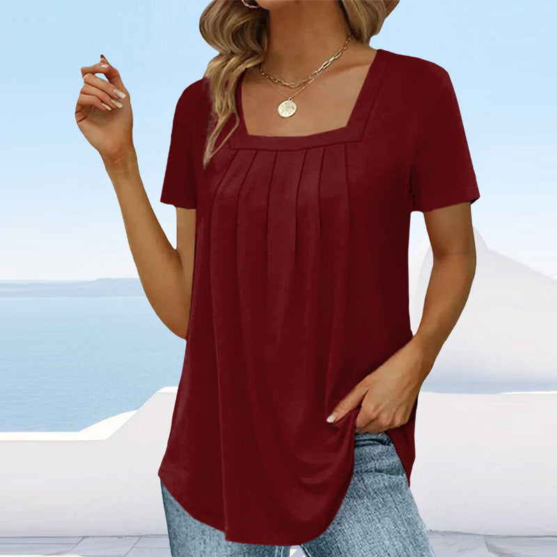 Damen-Bluse mit Falten, eckigem Ausschnitt und kurzen Ärmeln