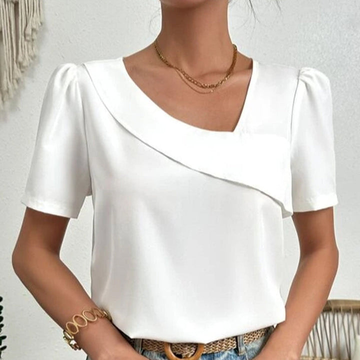 Damen Bluse mit kurzen Puffärmeln und asymmetrischem V-Ausschnitt
