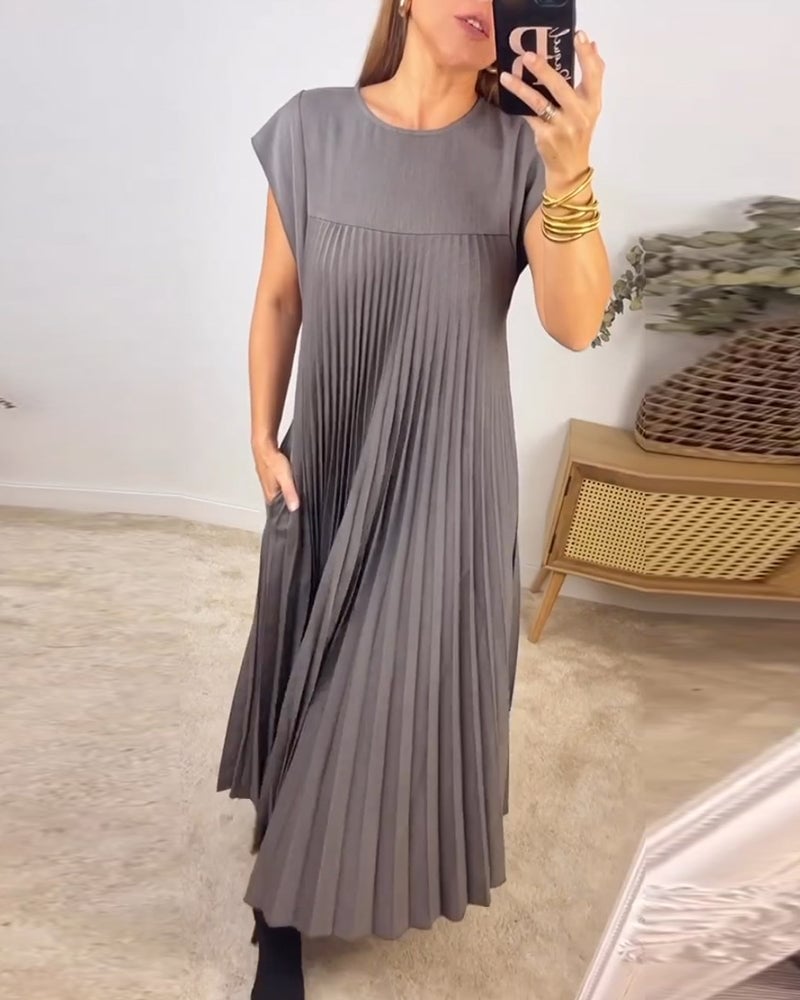 Damen-Midikleid mit Falten, Rundhalsausschnitt und kurzen Ärmeln