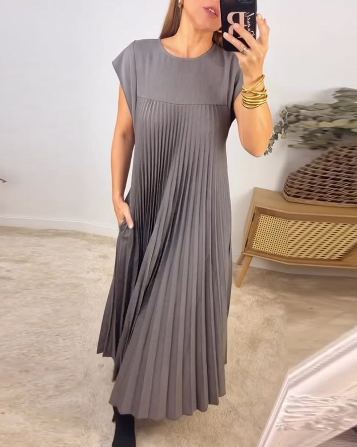 Damen-Midikleid mit Falten, Rundhalsausschnitt und kurzen Ärmeln