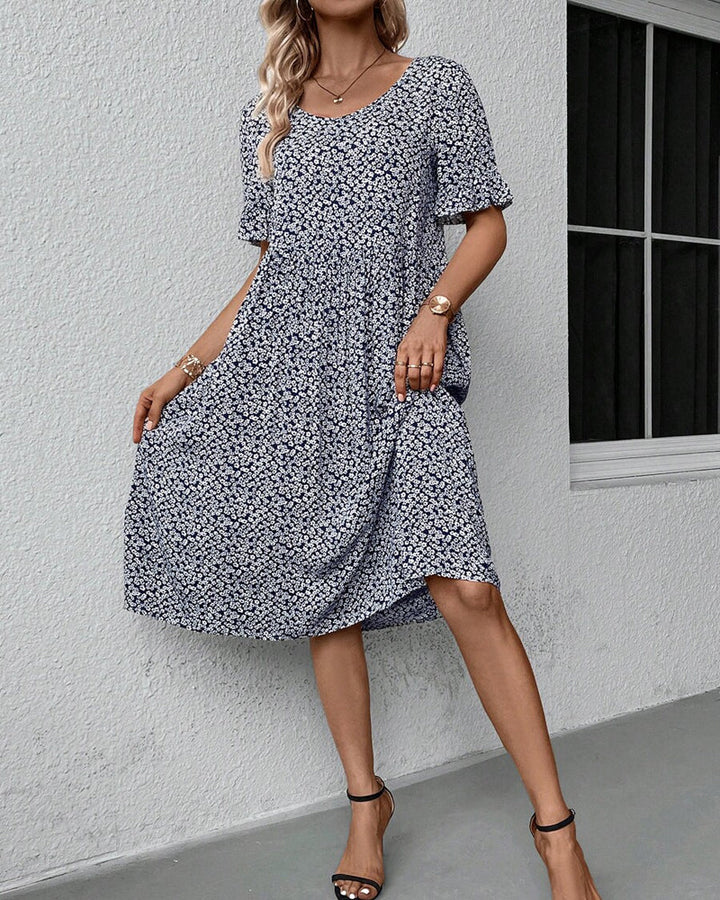 Damen-Midikleid mit Blumenmuster, Rundhalsausschnitt und Puffärmeln