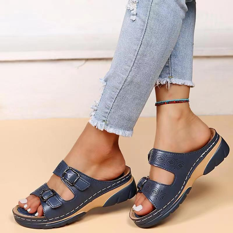 Damen Sommer Zweifarbige Slidesandalen mit Schnallen and Ausschnittdetails