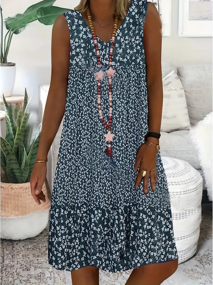 Damen-Midikleid ohne Ärmel mit V-Ausschnitt und Blumenmuster