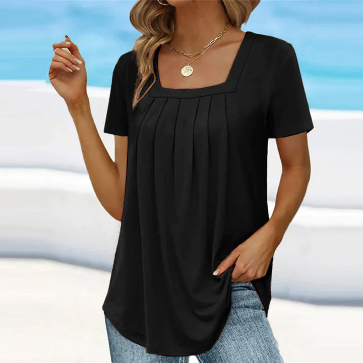 Damen-Bluse mit Falten, eckigem Ausschnitt und kurzen Ärmeln