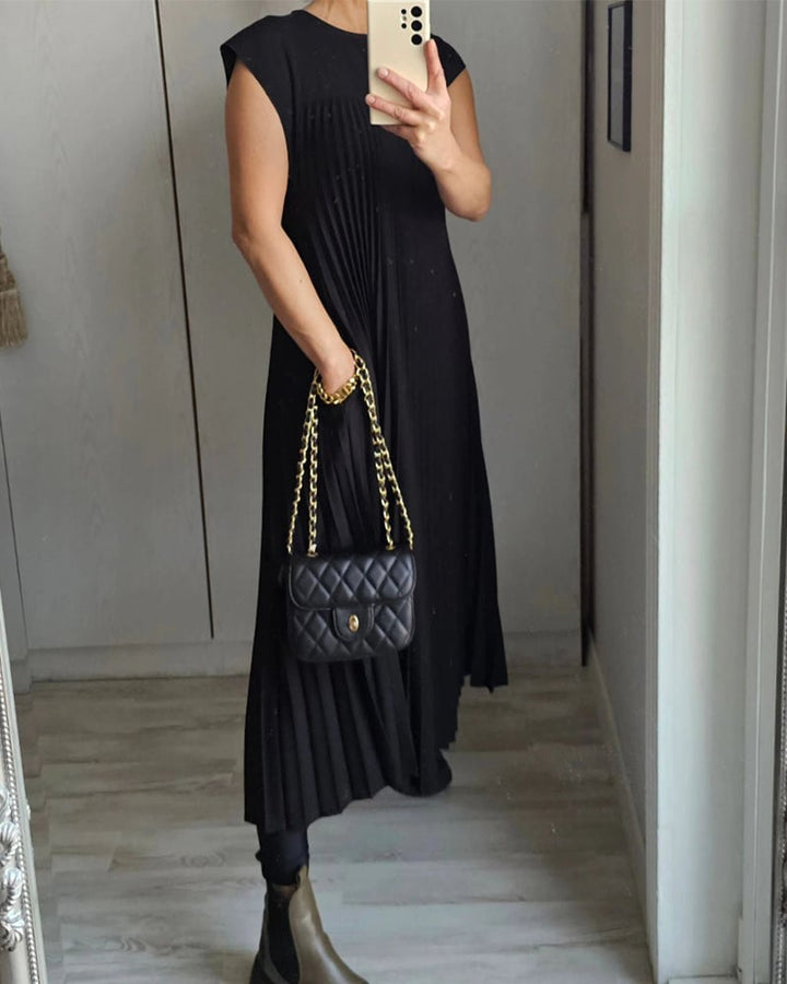Damen-Midikleid mit Falten, Rundhalsausschnitt und kurzen Ärmeln