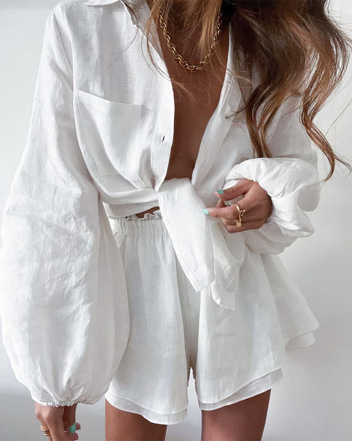 Elegantes Blusen- und Shorts-Set mit Knopfleiste für Damen