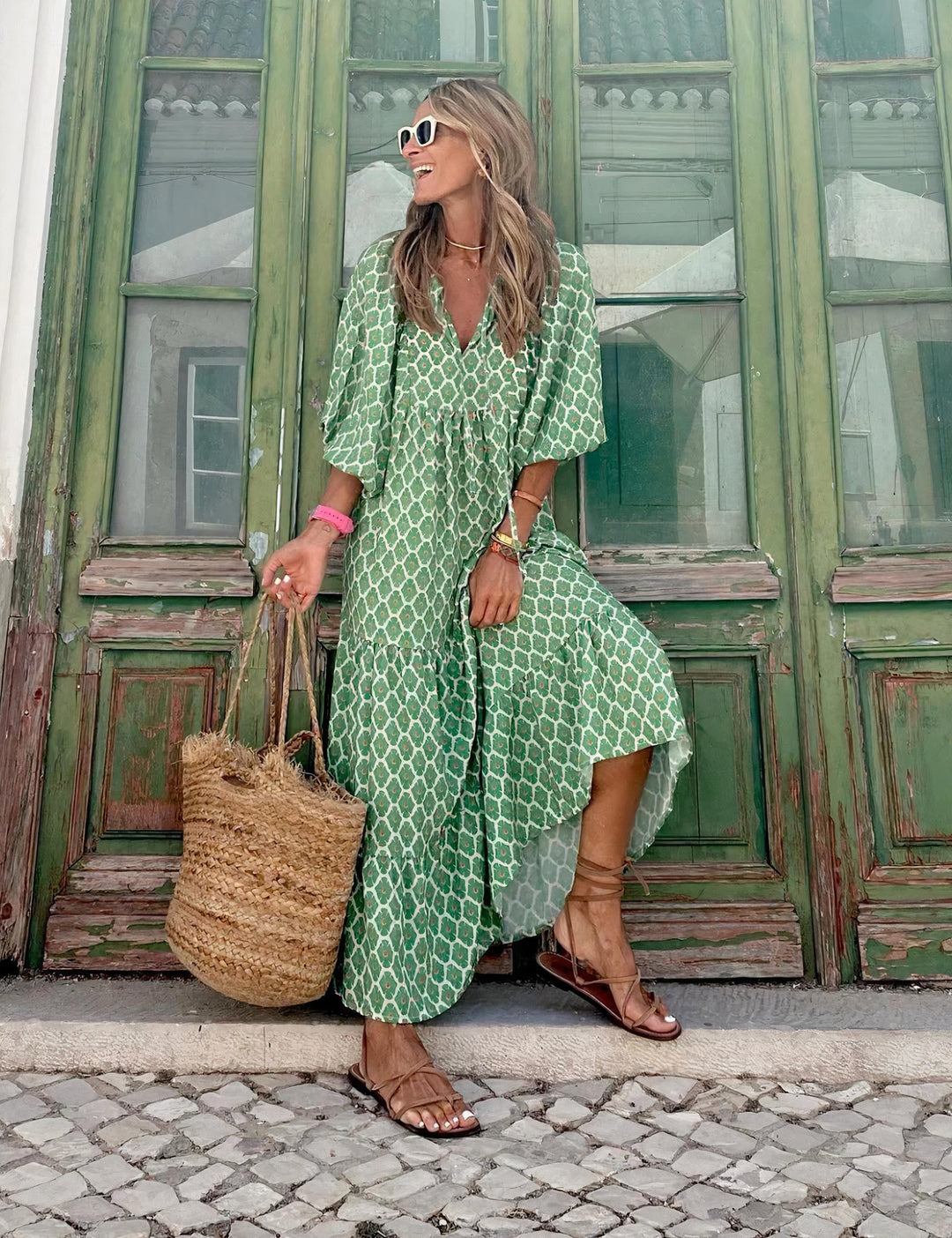 Damen Sommer Bedrucktes Maxikleid mit V-Ausschnitt and Puffärmeln