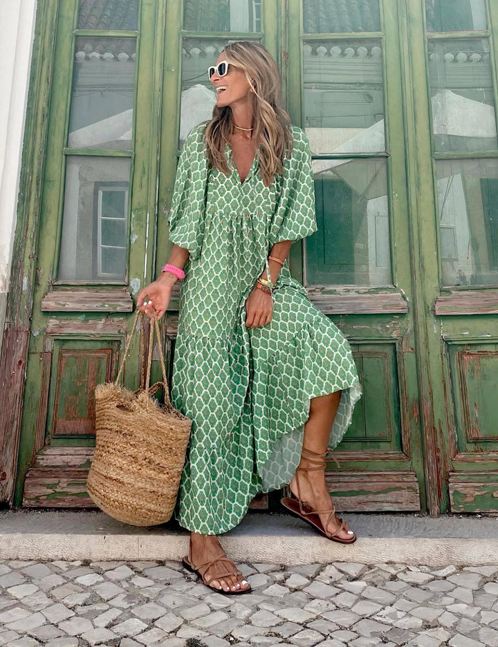 Damen Sommer Bedrucktes Maxikleid mit V-Ausschnitt and Puffärmeln