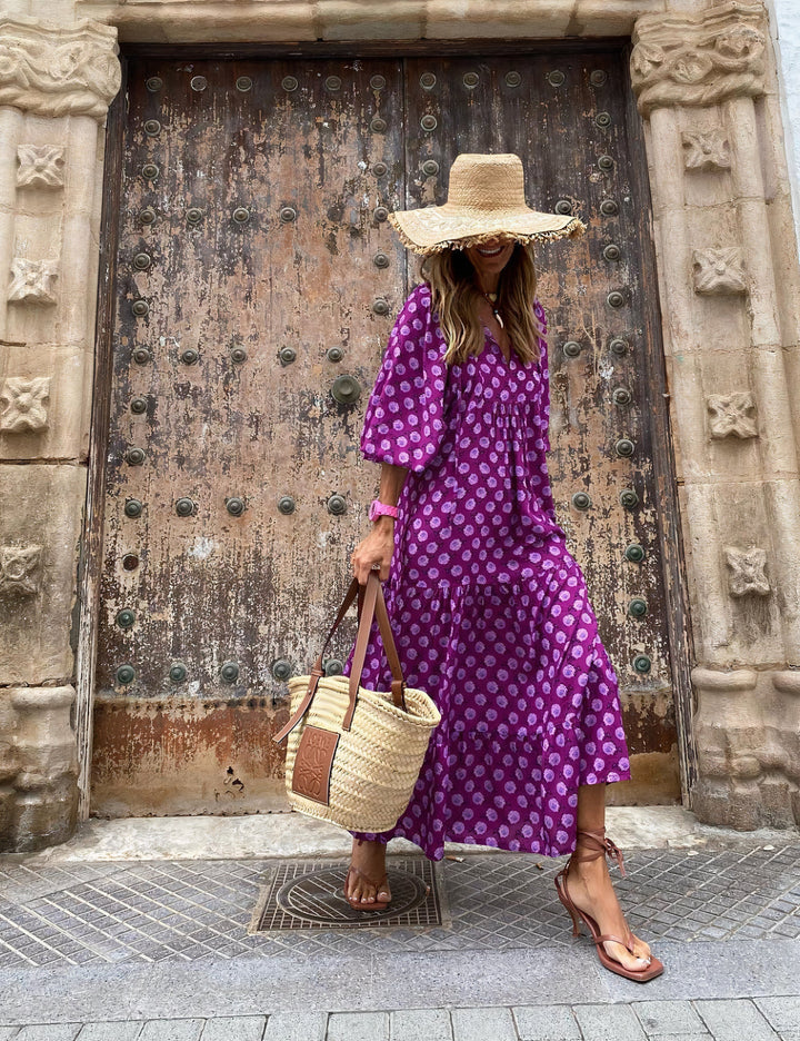Damen Sommer Bedrucktes Maxikleid mit V-Ausschnitt and Puffärmeln