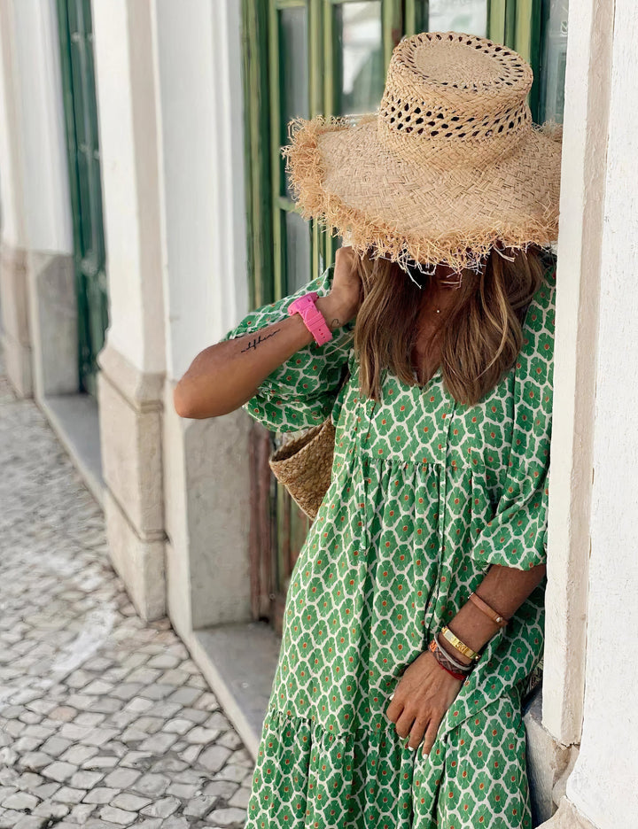 Damen Sommer Bedrucktes Maxikleid mit V-Ausschnitt and Puffärmeln