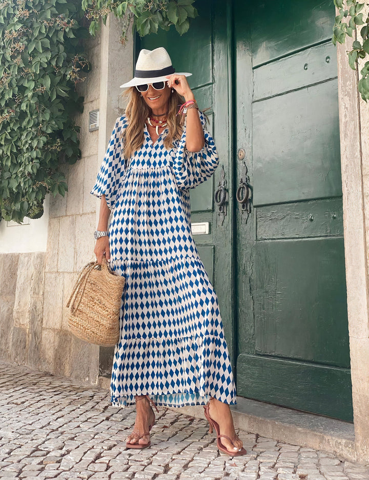 Damen Sommer Bedrucktes Maxikleid mit V-Ausschnitt and Puffärmeln