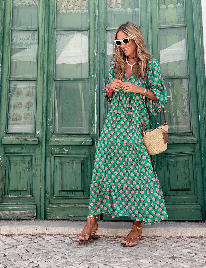 Damen Sommer Bedrucktes Maxikleid mit V-Ausschnitt and Puffärmeln
