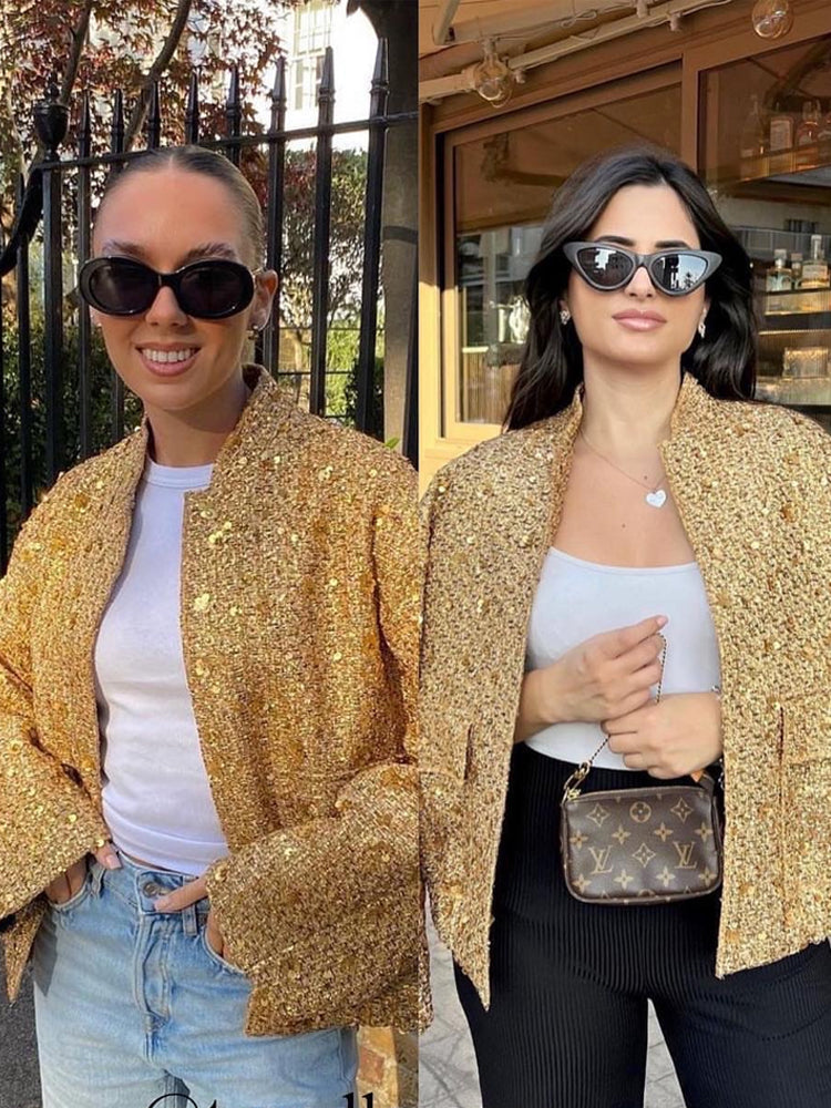 Lässige Tweedjacke Für Damen | Goldene Pailletten