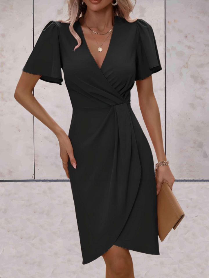Damen Wickelkleid Mini mit V-Ausschnitt und Puffärmeln