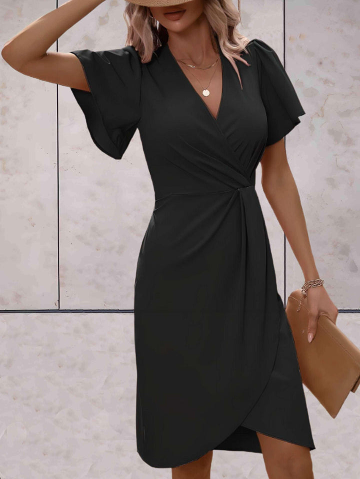 Damen Wickelkleid Mini mit V-Ausschnitt und Puffärmeln