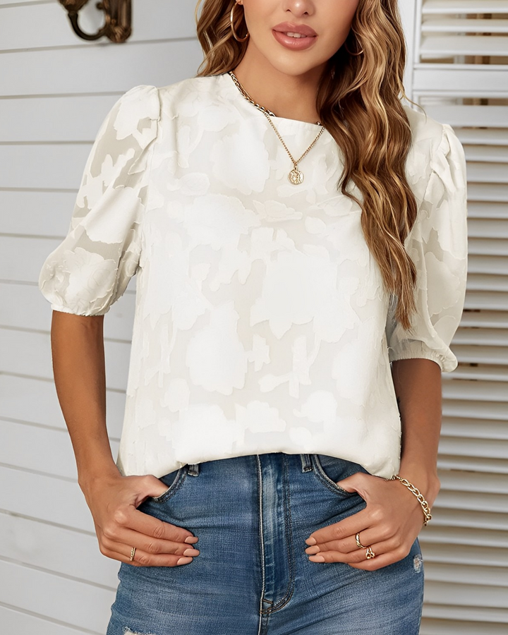 Damen Sommerbluse mit Floralem Jacquardmuster und Puffärmeln