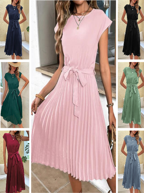 Damen Plissiertes Midi-Kleid mit kurzen Ärmeln