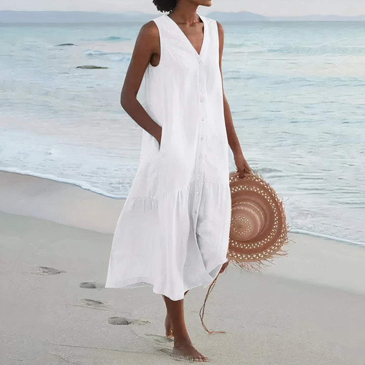 Ärmelloses Leinen-Strandkleid für Damen mit Knopfleiste und Taschen